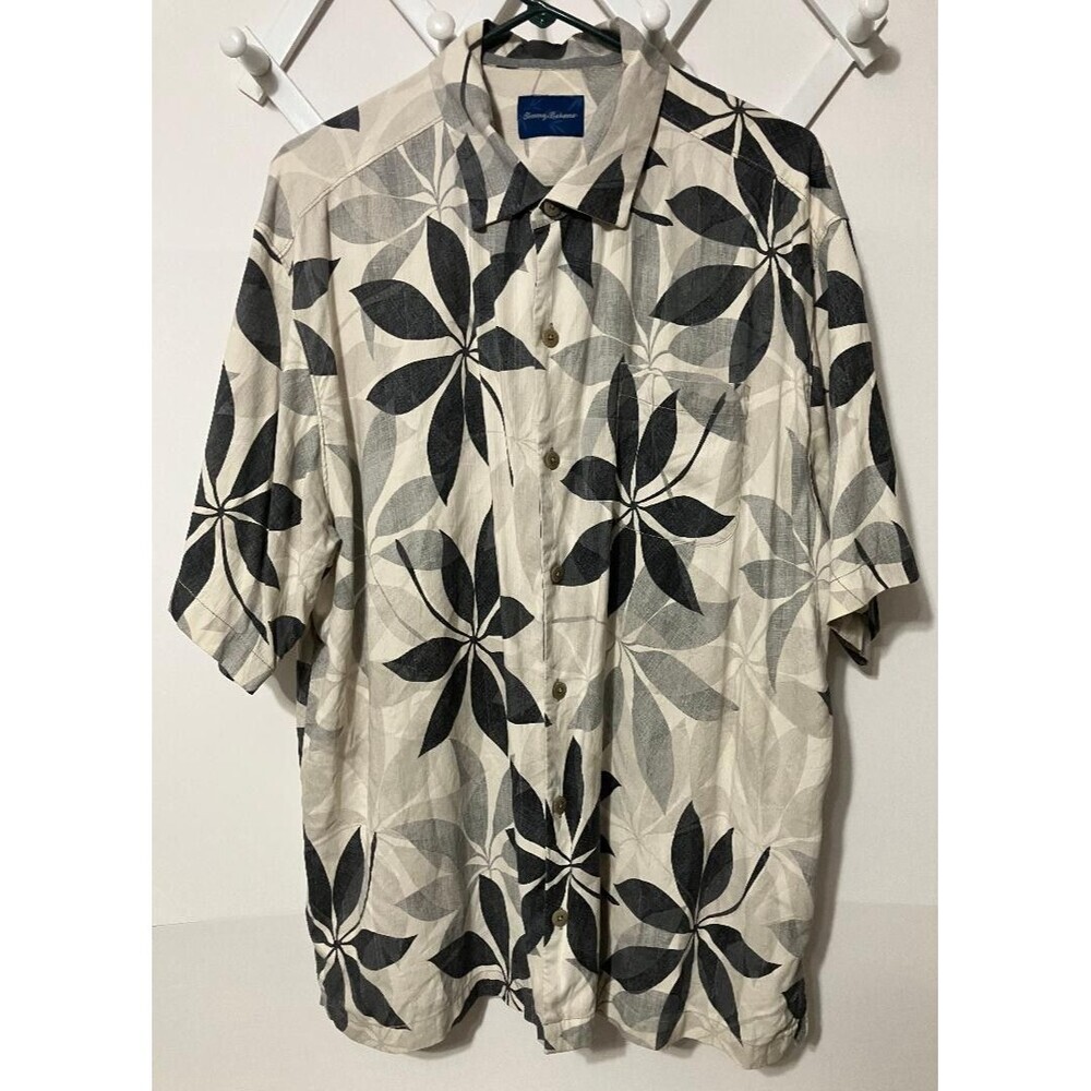 Tommy Bahama Men's Silk Hawaiian Shirt Black/Grey Tropical Palms Button Up XL